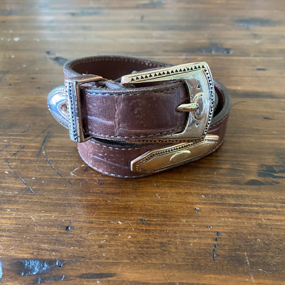 Brighton Brown Croc Embossed Western Leather Belt Size Small Silver Gold Tone